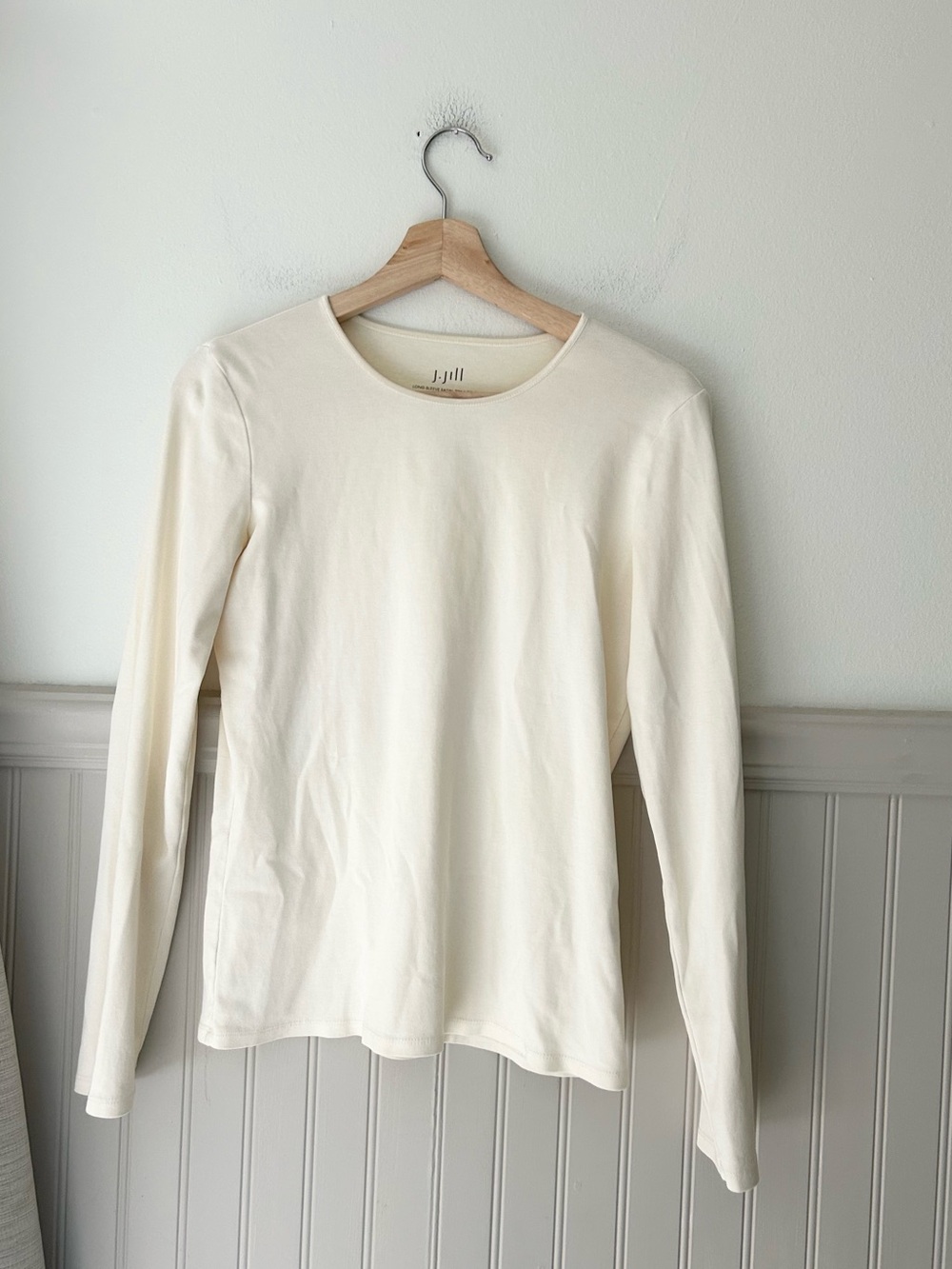 J.Jill Cotton Cream Off White Long Sleeve Crewneck Top Satin Trim Cotton Small